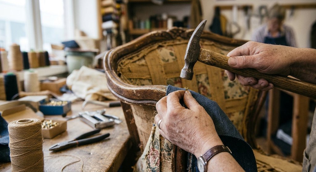 Polsterarbeit in der Werkstatt: Bezugsstoff wird am Sessel festgenagelt